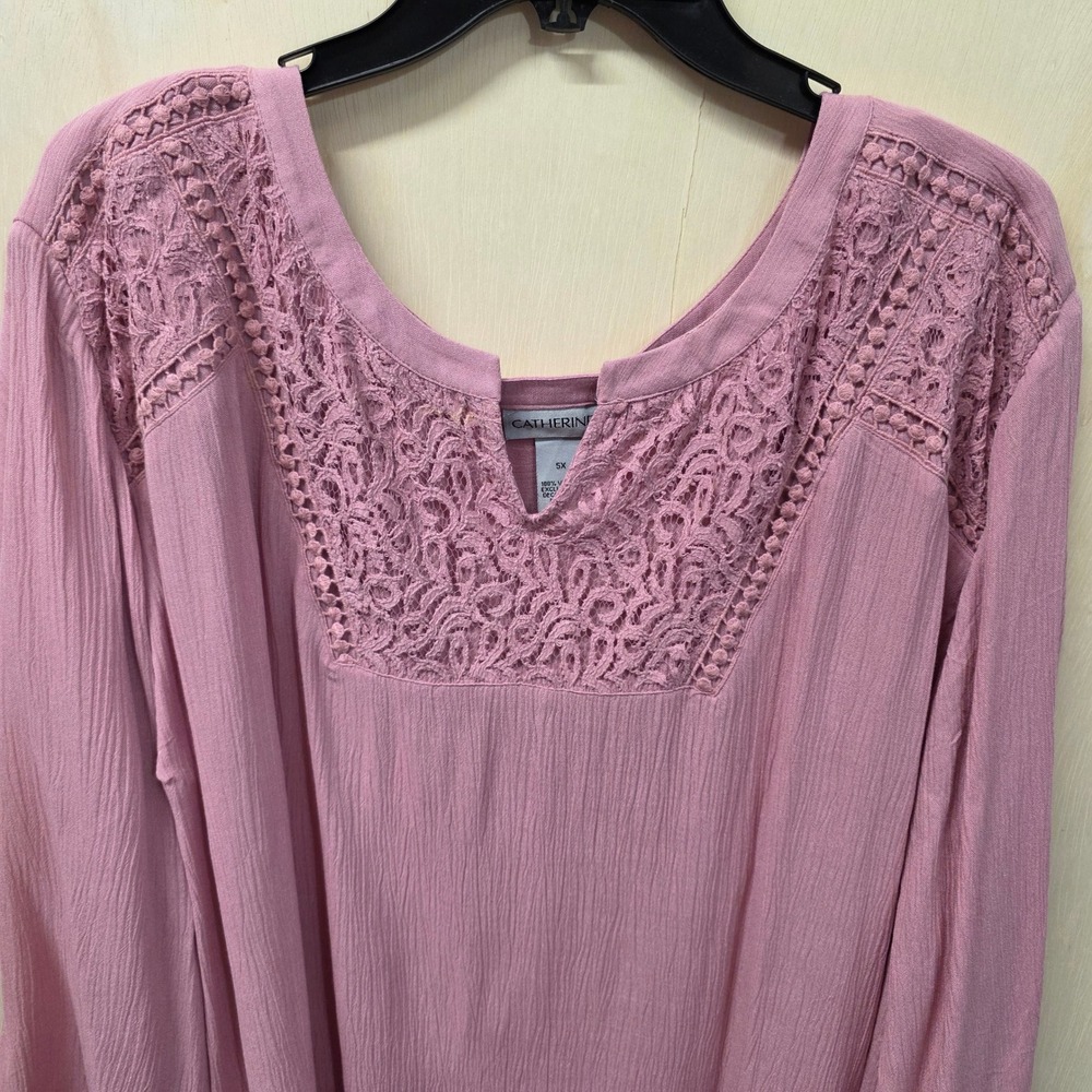 Catherines Womens 5X Dusty Rose Crochet Lace Split Neck Viscose Gauze Blouse - Picture 15 of 16